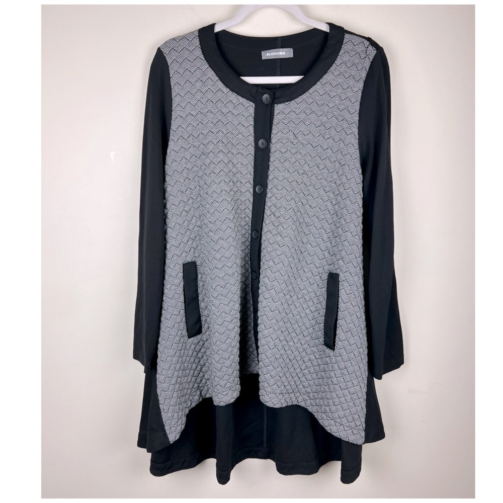 ALEMBIKA Artsy Lagenlook Chevron Quilted Front Button Swing Tunic Top 8 / 10